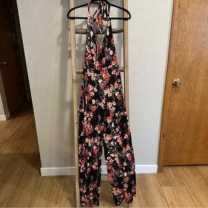 BONGO Floral Halter Jumpsuit - Black and Red